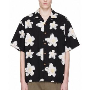Uniqlo 100% Rayon Camp Collar Short Sleeve Shirt Men XS Black Floral Relax Fit